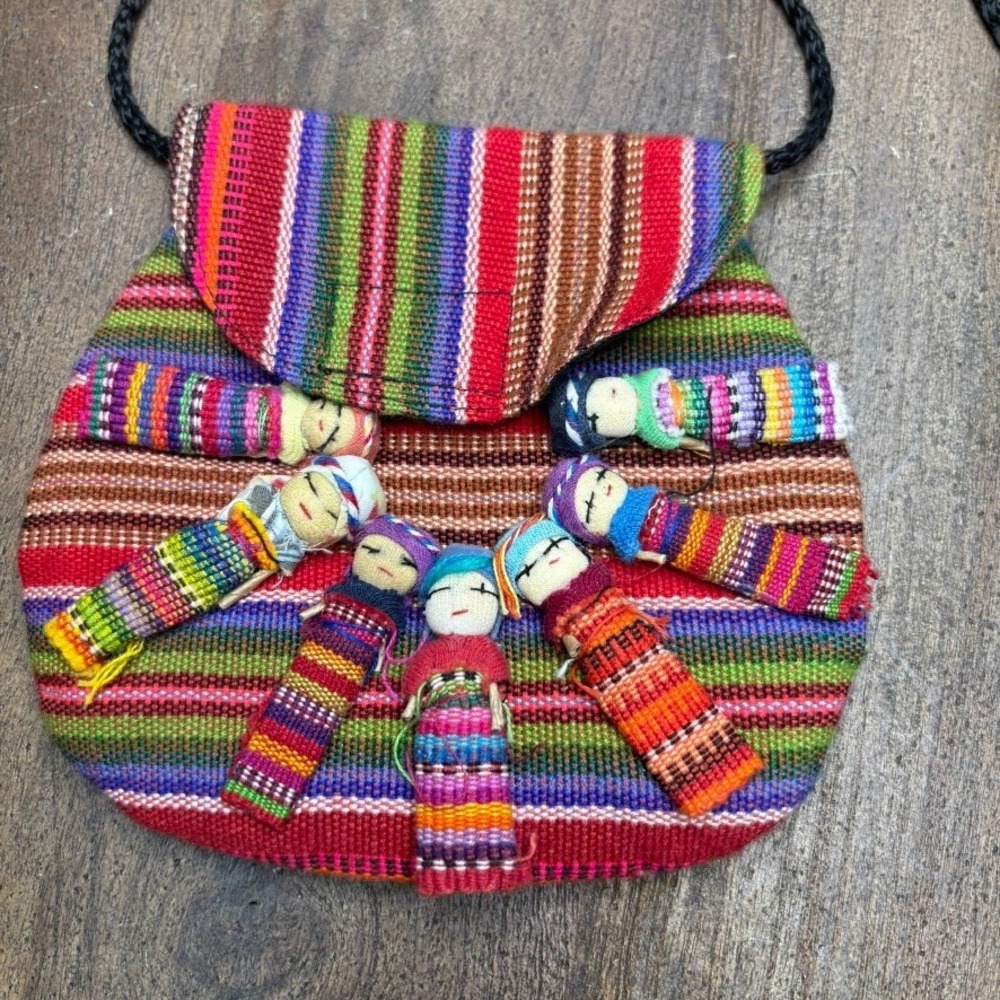 Vintage Guatemalan Worry Doll Purse Colorful‎ Woven Bohemian Folk Mini Crossbody